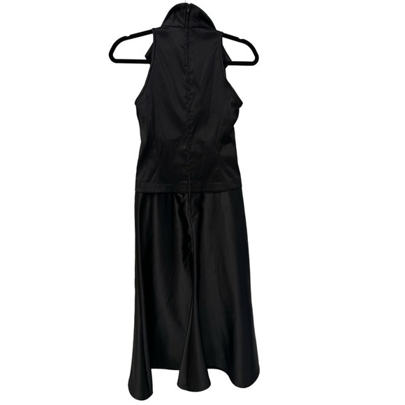 Vintage Tadashi 1990s Black Satin Ruched Tuxedo Collared Style Midi Dress Size 4 - Picture 2 of 6